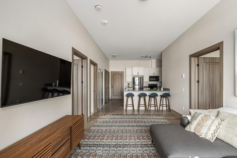 a living room with a couch and a kitchen in the background